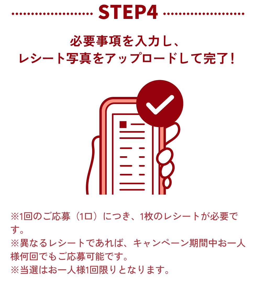 STEP4：必要事項を入力し、 レシート写真をアップロードして完了！　※1回のご応募（1口）につき、1枚のレシートが必要です。 ※異なるレシートであれば、キャンペーン期間中お一人様何回でもご応募可能です。 ※当選はお一人様1回限りとなります。