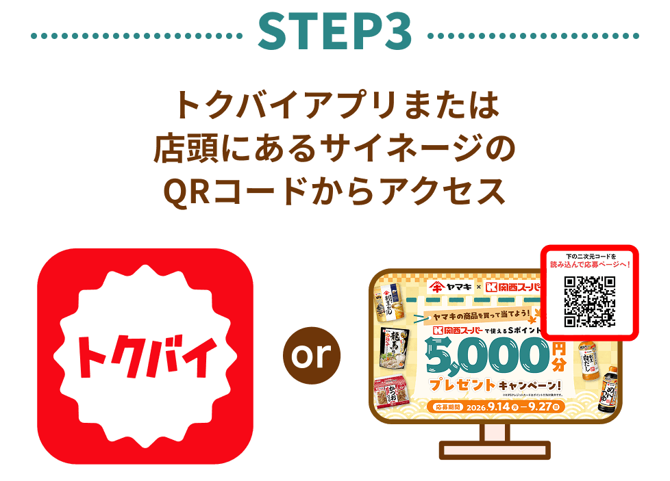 STEP3：トクバイアプリまたは店頭にあるサイネージのQRコードからアクセス
