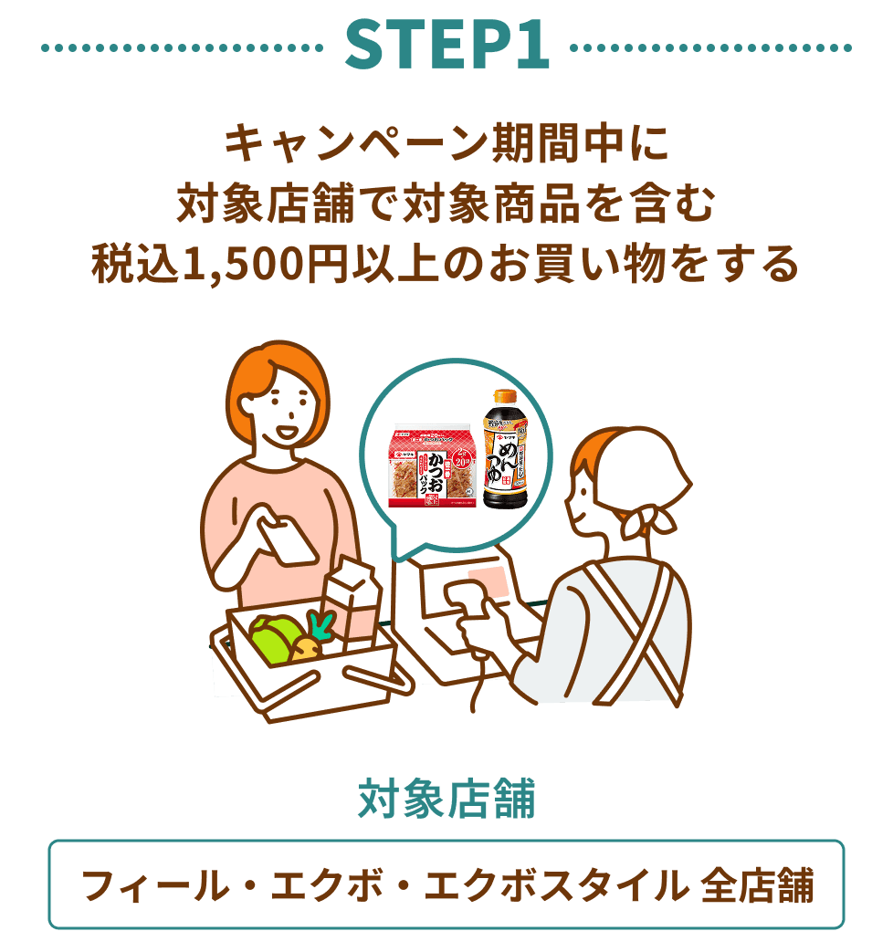 STEP1：キャンペーン期間中に 対象店舗で対象商品を含む 税込1,500円以上のお買い物をする　対象店舗：フィール・エクボ・エクボスタイル