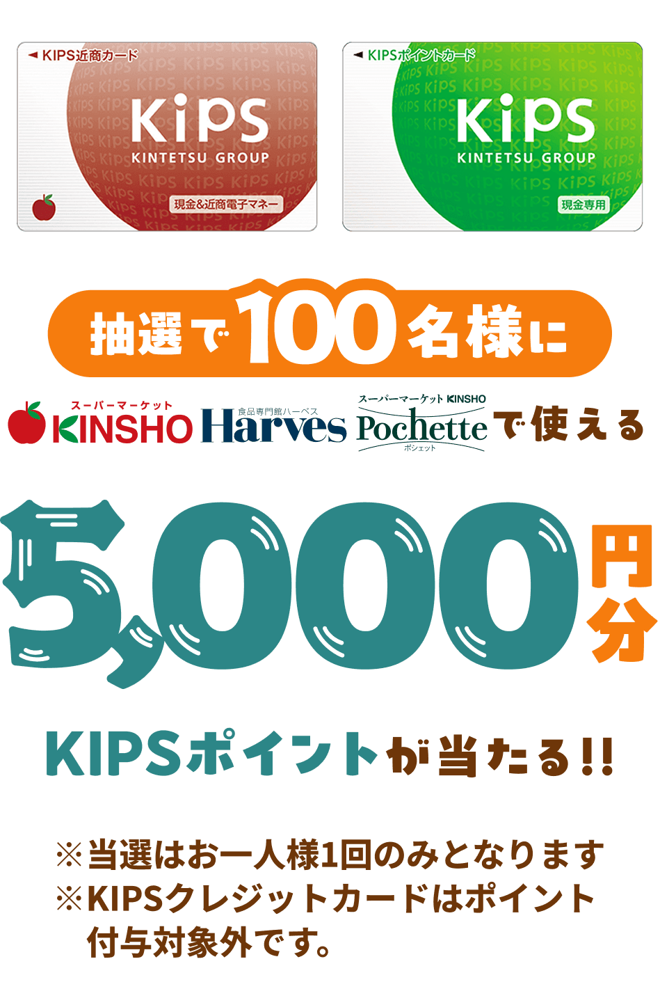 抽選で100名様に近商ストア・ハーベス・Pochetteで利用できるKIPSポイント5000円分が当たる!!※当選はお一人様1回のみとなります